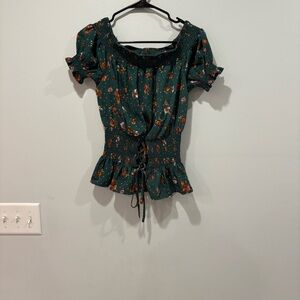 Blu Pepper Dark Green Floral Smocked Blouse